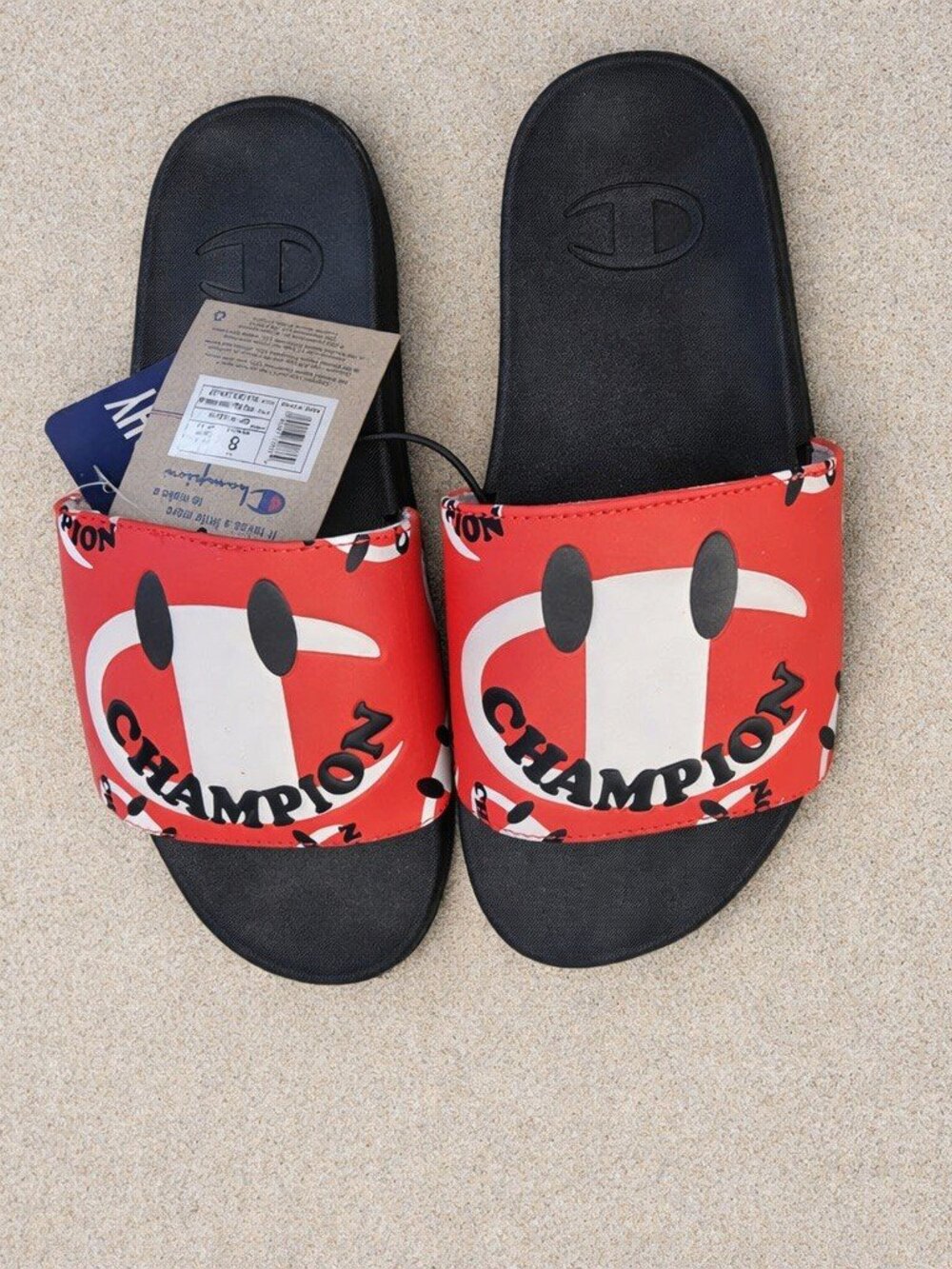 Champion IPO SQUISH SMILE Black Red Slides Sandals NWT- Women Size 8 Mens 6.5